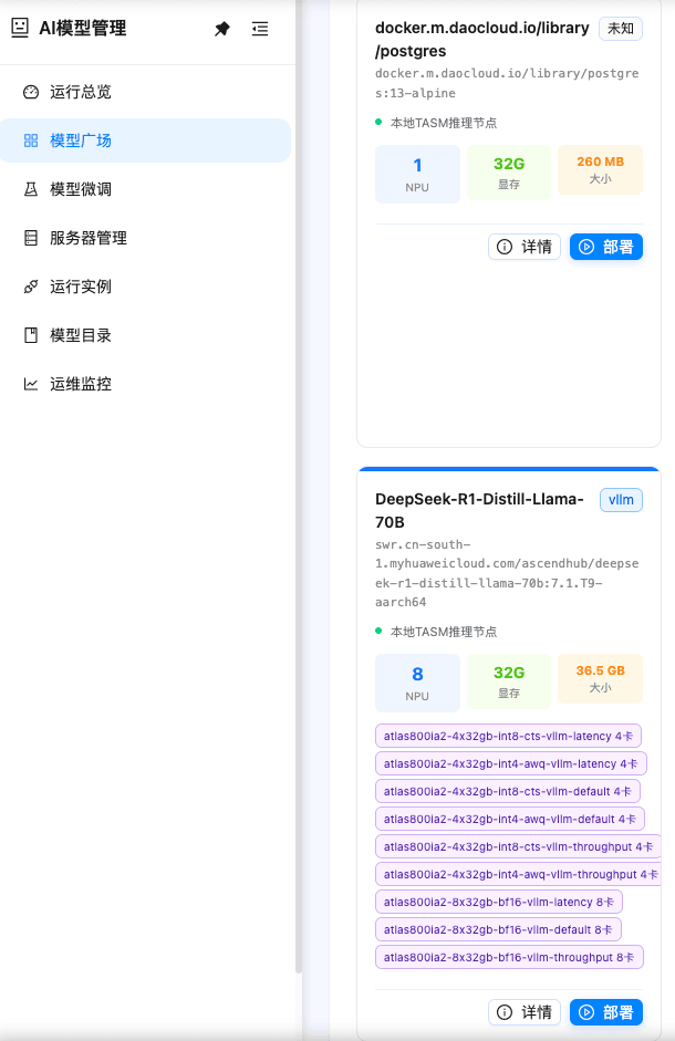 模型广场界面:模型卡片标注所需 NPU 卡数、显存与模型大小,并提供详情与部署入口