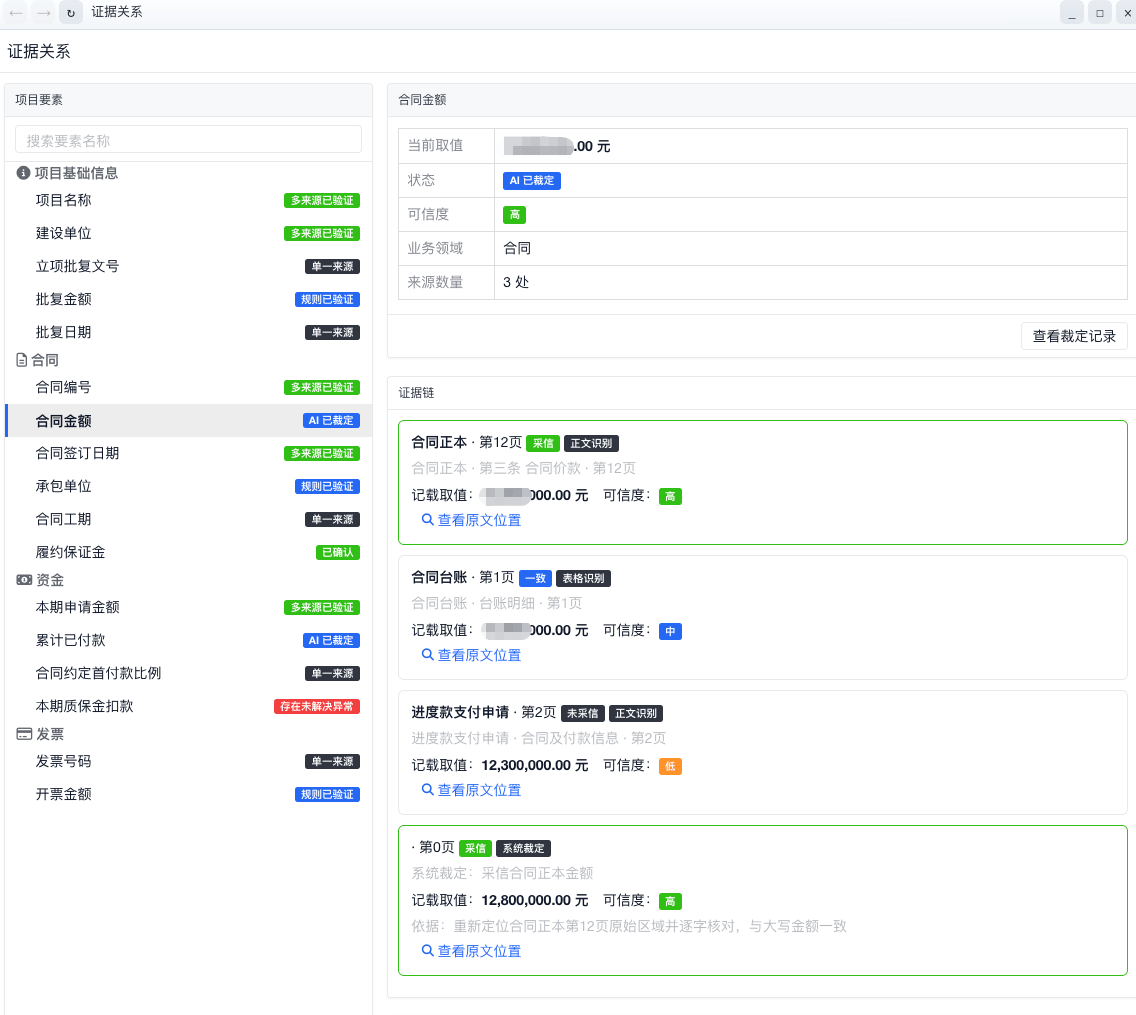 证据关系界面:多来源记载与原文位置,并列可查