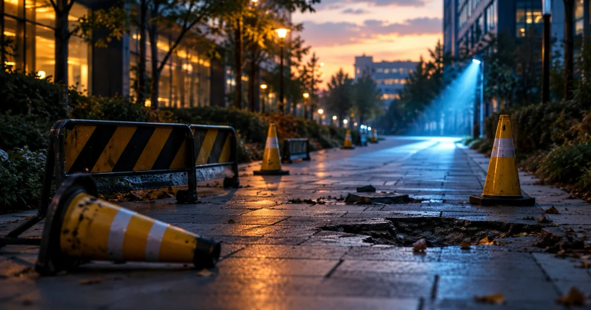 步道上摆着几个路障与黄色警示锥,前方的一段路面被一束淡蓝色光照亮
