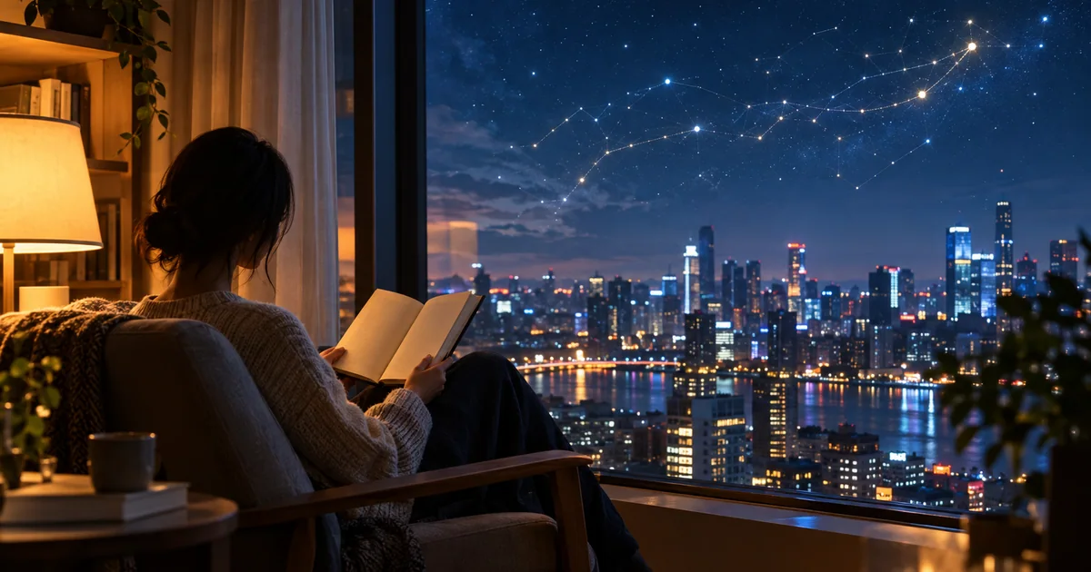 一个人坐在窗边阅读,窗外城市夜景中浮现出由光点连成的抽象路线图