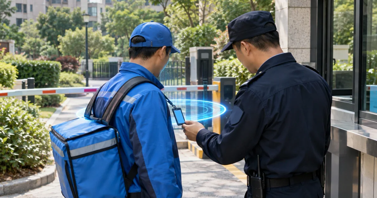 小区门口保安核对快递员工牌,两人之间浮现一道淡淡的验证光环