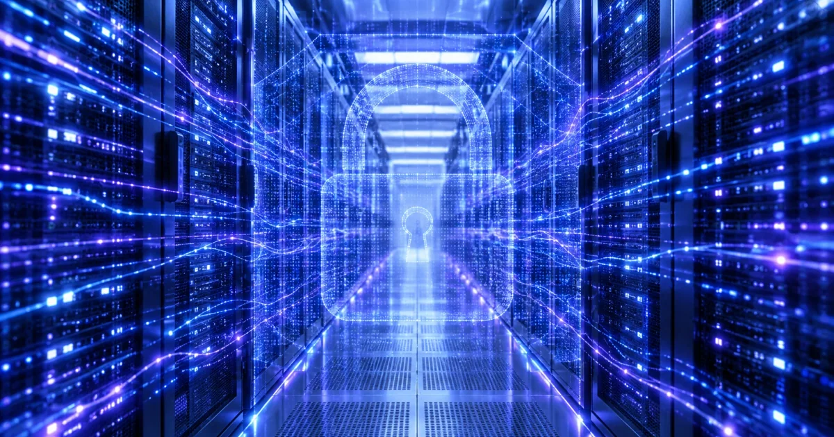数据中心机柜走廊，叠加流动的光线与半透明锁形纹理表示加密